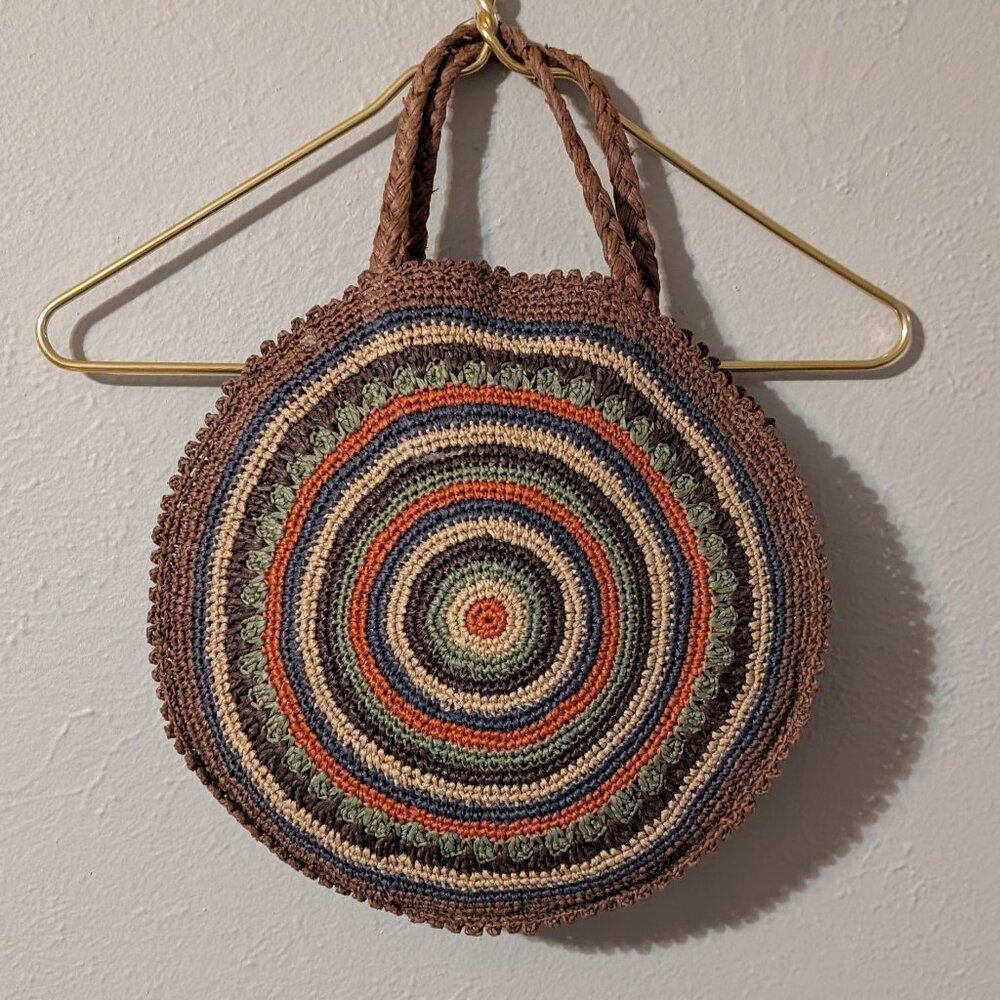 Brown Orange Cream Woven Neutral Warm Tones Jute Circular Shoulder Bag